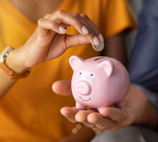 Financial Adviser Perth - Woman inserting coin into piggybank with partner showing financial planning